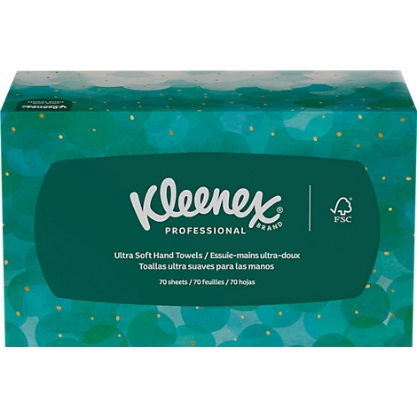 Grüne Box mit Kleenex Professional Handtüchern. Aufschrift: Ultra Soft Hand Towels. FSC-Logo rechts.