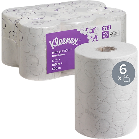 Kleenex-Handtücher: Sechs Rollen in Folie verpackt, eine einzelne Rolle daneben.