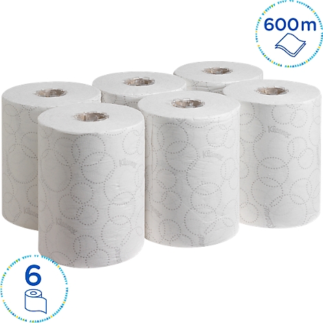 Sechs Rollen Toilettenpapier. Weisse Rollen, verpackt in Folie, mit gepunktetem Muster.