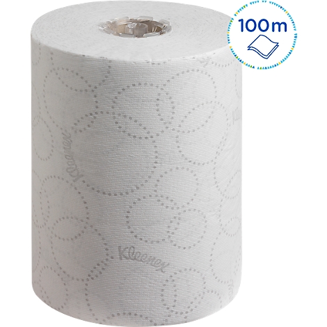 Rolle Toilettenpapier mit gepunktetem Muster. Kleenex Schriftzug. Aufkleber 100m.