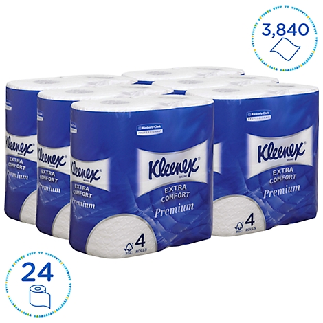 Meerdere verpakkingen Kleenex toiletpapier, blauw-wit design met productinformatie. De nummers 3.840 en 24 zijn zichtbaar op de achtergrond.