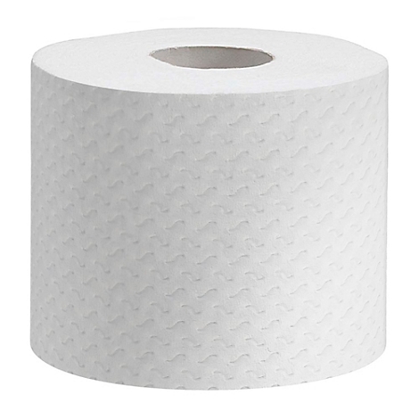 Rol toiletpapier, wit, met een reliëfoppervlak, op een witte achtergrond.