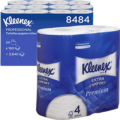 Zwei blaue Kleenex Toilettenpapierpakete: 24 Rollen mit 160 Blatt, und 4 Rollen. Kleenex Extra Comfort.