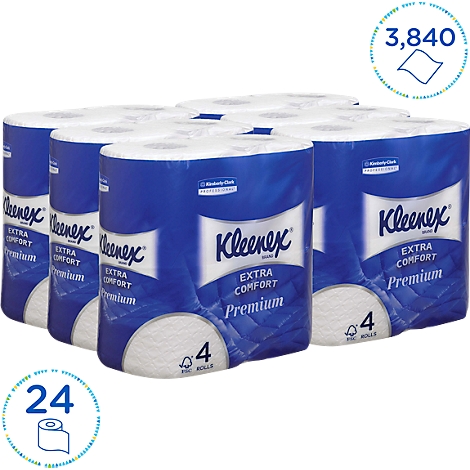 Kleenex-Taschentücher-Paket, mit Produktaufdruck, 6 Packungen, blaue Verpackung, Aufschrift: Extra Comfort Premium.