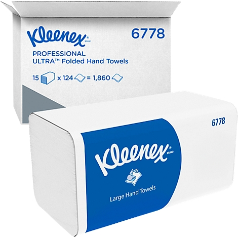 White Kleenex carton with blue lettering and logos. Print with "Ultra" and "Hand Towels". Barcode.