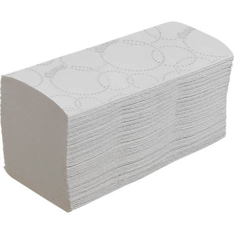 A stack of folded paper towels, white with a light pattern.