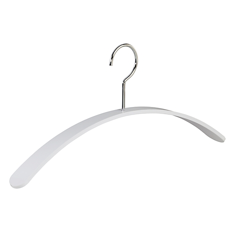 Witte kleerhanger met zilveren haak. De schouders zijn afgerond.