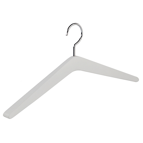 Witte kledinghanger met metalen haak, geïsoleerd tegen een witte achtergrond.