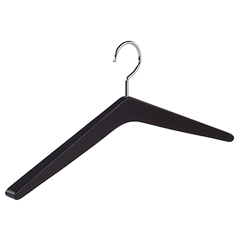 Zwarte kleerhanger met zilveren haak.