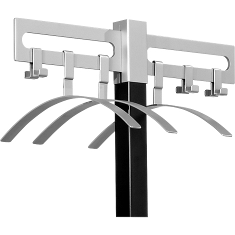 Grijze kapstokken met hangers, op een witte achtergrond.