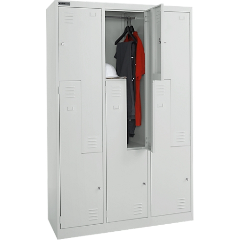 Kleiderspind, 6 Abteile mit Hutboden & Kleiderstange sowie 6 FÃ¤cher, Z-TÃ¼ren, Zylinderschloss, mit Sockel, B 1200 x T 450 x H 1850 mm, Stahl pulverbeschichtet, in verschiedenen Varianten erhÃ¤ltlich