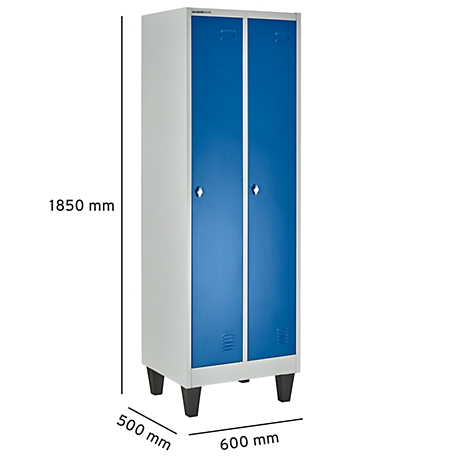 Ein Stahlschrank mit zwei blauen Türen, grauen Seiten und schwarzen Füßen. Maße: 1850x600x500 mm.