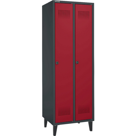 Roter Spindschrank mit zwei Türen, Lüftungsschlitzen und dunklem Rahmen, auf vier Beinen.