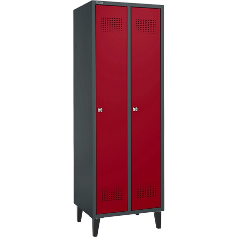 Schrank mit zwei roten Türen und Lüftungslöchern. Grauer Rahmen und schwarze Beine.