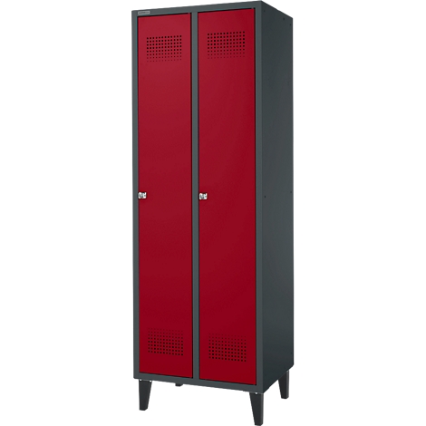 Ein roter Doppelschrank mit grauen Rahmen und schwarzen Beinen, mit Lüftungslöchern und Knöpfen.