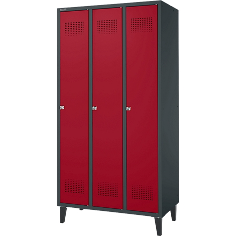 Ein roter dreitüriger Stahlschrank mit grauen Rahmen steht auf Beinen.