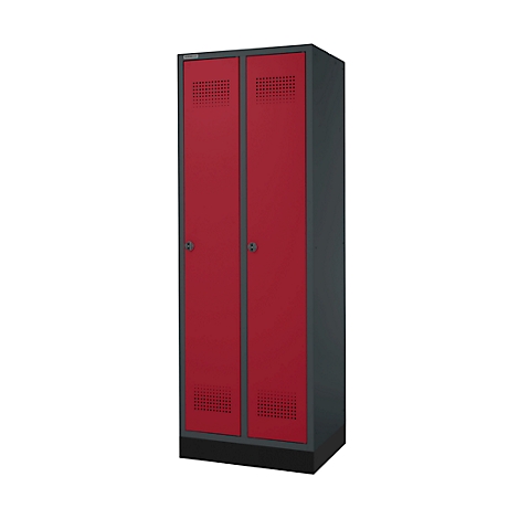 Ein Schrank mit roten Türen und einem grauen Rahmen vor weißem Hintergrund.