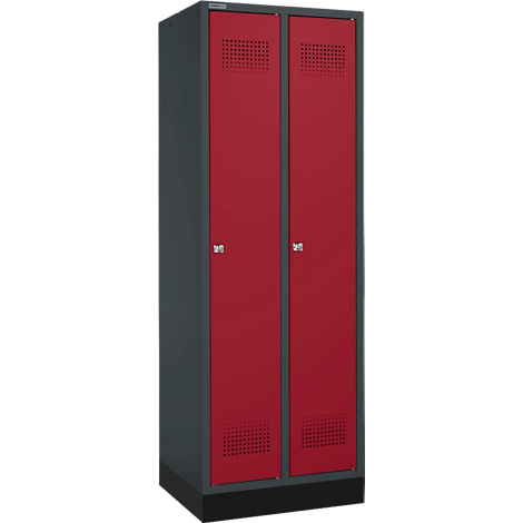 Schrank mit roten Türen, perforiertem Lüftungsschlitz und silbernen Griffen.