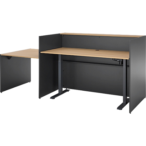 Ein grauer Schreibtisch mit Holzplatte und schwarzem Gestell. An der Seite ein weiterer Tisch, verbunden mit einem schwarzen Trennelement.