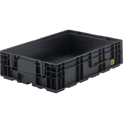 Schwarze Kunststoffbox, rechteckig, mit Griffen und gelbem Warnhinweis.