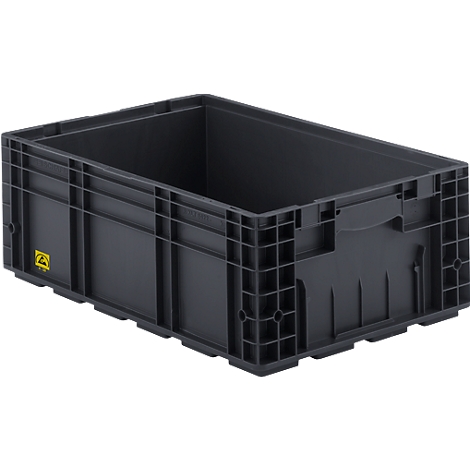 Schwarze Kunststoffbox mit Griffen und ESD-Symbol. Rechteckige Form mit geriffelten Seitenwänden.