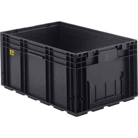 Schwarze Kunststoffbox mit Griffen und Logo. Detailaufnahme.