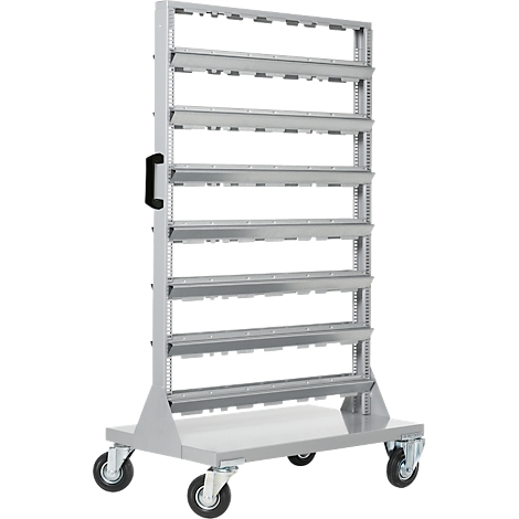 Graues Rollregal mit sechs Ablageflächen, vier Rädern und Griff.