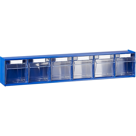 Blaues Wandregal mit 6 transparenten Fächern.
