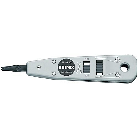 Grijze Knipex LSA punchdown tool, met zwarte messen en schakelaars.