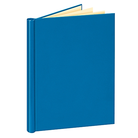 Ein blaues Buch, leicht geöffnet. Die Seiten sind beige, der Einband ist blau.