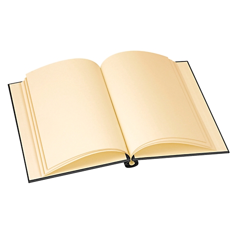 Ein offenes Buch mit cremefarbenen Seiten. Der Einband ist schwarz, die Seiten unbeschrieben.