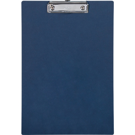 Blaues Klemmbrett mit silberner Klemme.