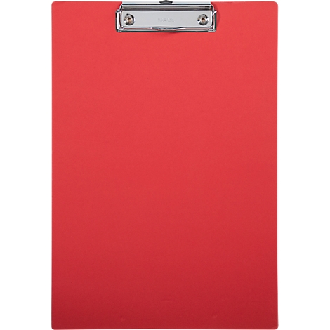 Rote Klemmbrett, oben mit silberner Klammer. Leere Fläche zum Beschriften.