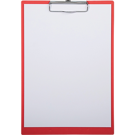 Rotes Klemmbrett mit weißem Papier und Metallklemme.