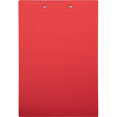 Rotes Klemmbrett mit silbernen Klammern. Es ist leer.