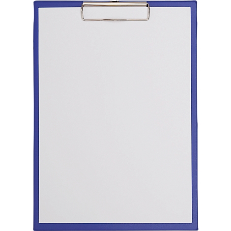 Blau umrandetes Klemmbrett mit weissem Papier und silberner Klammer.