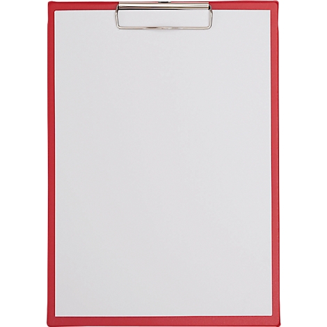 Rote Klemmbrett mit silberfarbener Metallklemme und weißem Papier.