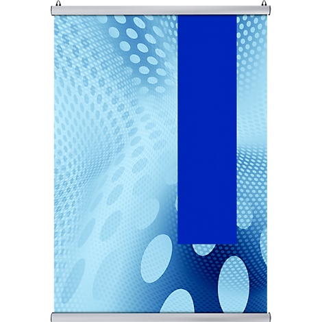 Roll-up-Banner mit blauem Hintergrund und einem senkrechten, blauen Streifen.