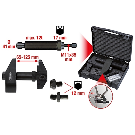 Verschiedene Werkzeuge zur Reparatur, mit Maßangaben. Ein Werkzeug ist in einem Koffer, weitere lose daneben. Abmessungen in mm angegeben.