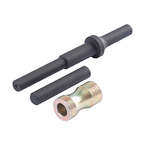 Draufsicht auf Nietwerkzeug. Schwarze Stangen und ein metallischer Teil mit gelben Akzenten liegen auf weißem Hintergrund.