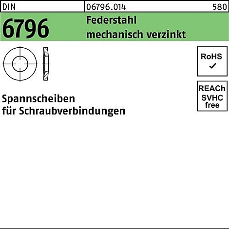 Tekening van een veerschijf, daarnaast productdetails: verenstaal, mechanisch verzinkt. RoHS- en REACH-conform.