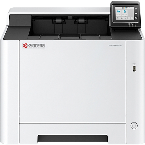 Witte Kyocera laserprinter met zwart bovenstuk en bedieningspaneel. Pictogrammen worden op het scherm weergegeven.