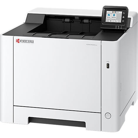 Witte laserprinter met bedieningspaneel en USB-poort. Zwart Kyocera logo bovenop.