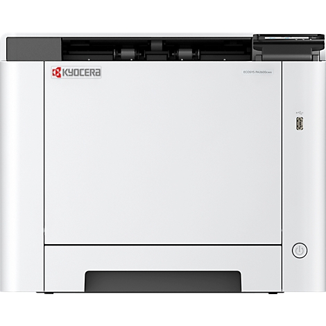 Witte printer met Kyocera-logo. Aan/uit-knop rechtsonder.