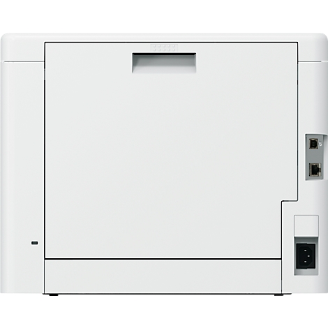 Achterkant van een witte laserprinter met stroom-, netwerk- en lade-aansluitingen.