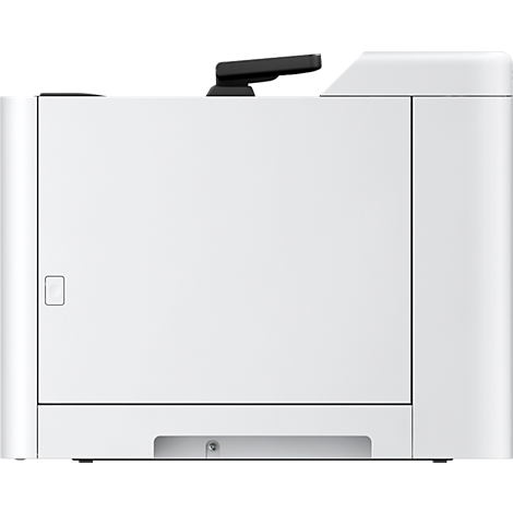 Witte printer, zijaanzicht. Een zwarte hendel bovenop, een kleine rechthoekige uitsparing aan de voorkant.