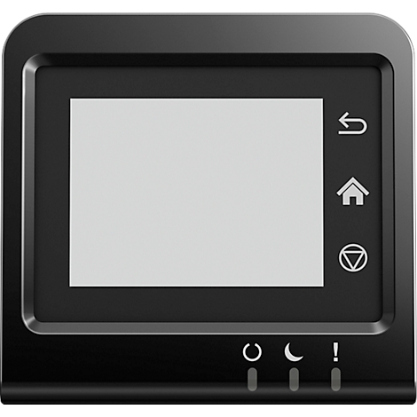 Zwart display met display-iconen, zoals pijl, huis, driehoek en maan. Kleine indicatorlampjes aan de onderkant.