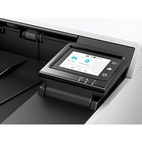 Close-up van een zwart printer touchscreen, met iconen en menu-opties.