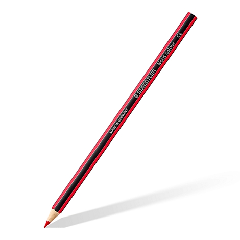 Rode kleurpotlood, van Staedtler, met zwarte streep en schaduw.