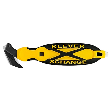 Ein gelb-schwarzes Klever Xchange Sicherheitsmesser mit dem Schriftzug "KLEVER XCHANGE".
